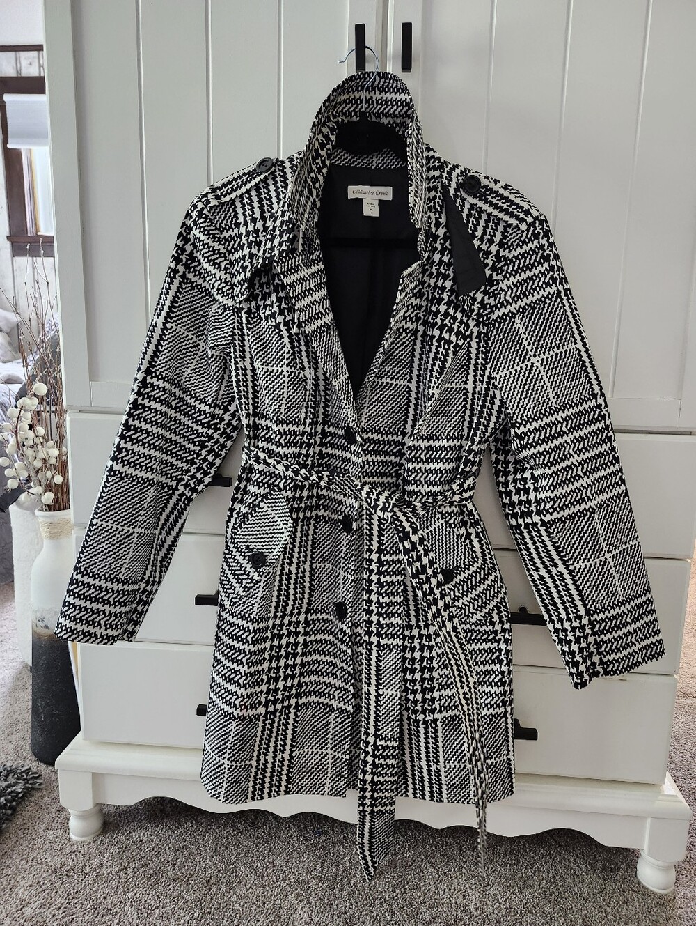Coldwater Creek Black & White Plaid Belted Trench Coat - Women's 14